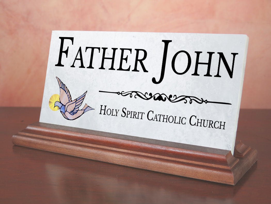 Catholic Desk Nameplate – Custom Marble Gift with Holy Spirit Dove for Priest, Deacon, or Church Staff