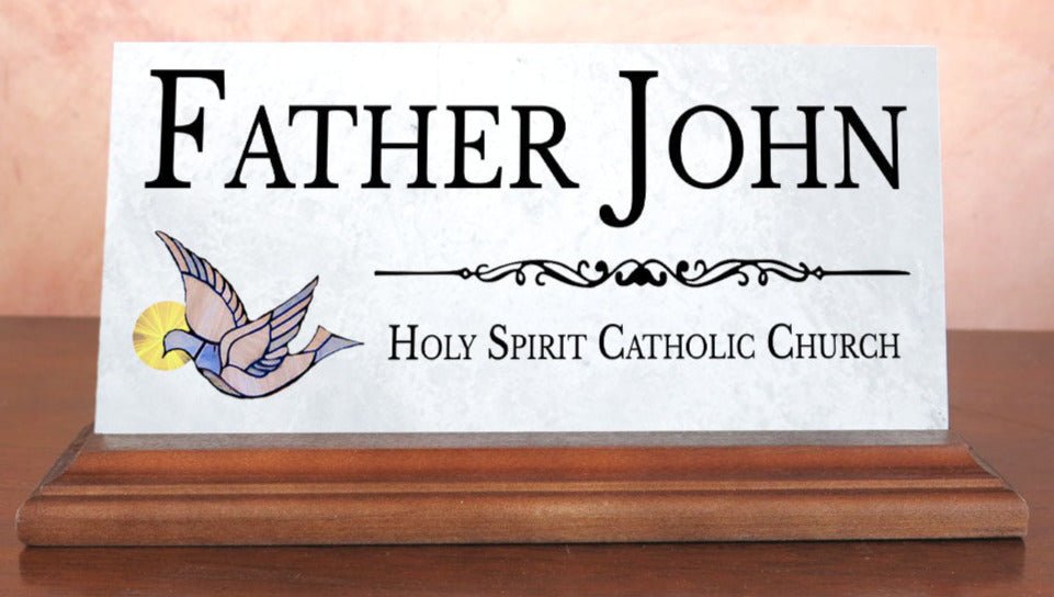 Catholic Desk Nameplate – Custom Marble Gift with Holy Spirit Dove for Priest, Deacon, or Church Staff
