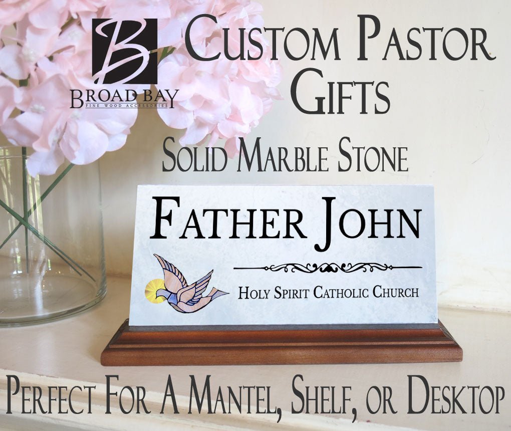 Catholic Desk Nameplate – Custom Marble Gift with Holy Spirit Dove for Priest, Deacon, or Church Staff