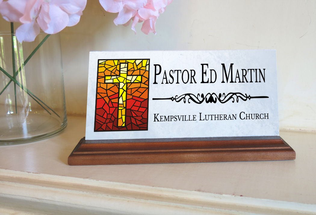 Church Desk Nameplate – Custom Marble Name Sign with Stained Glass Cross for Clergy or Staff