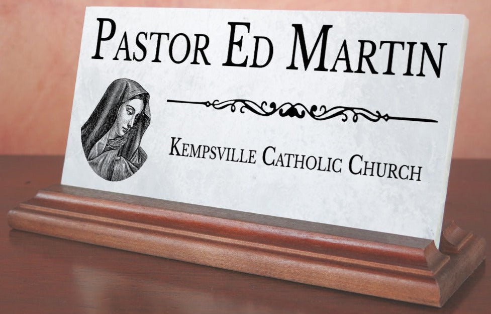Religious Desk Nameplate – Custom Marble Sign for Pastor, Priest, or Church Staff with Virgin Mary Icon