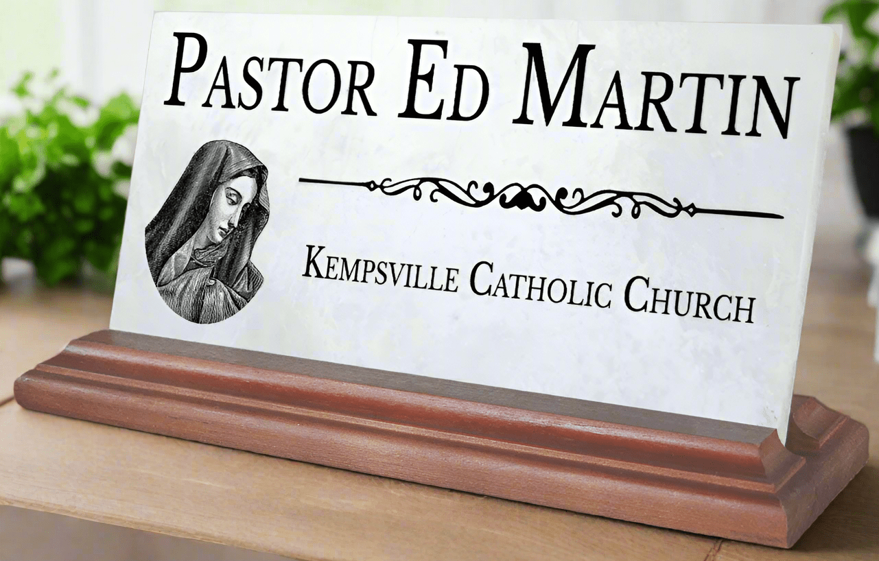 Religious Desk Nameplate – Custom Marble Sign for Pastor, Priest, or Church Staff with Virgin Mary Icon