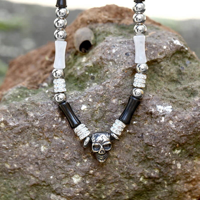 Multi-color Gemstone Beaded Stainless Steel Skull Necklace
