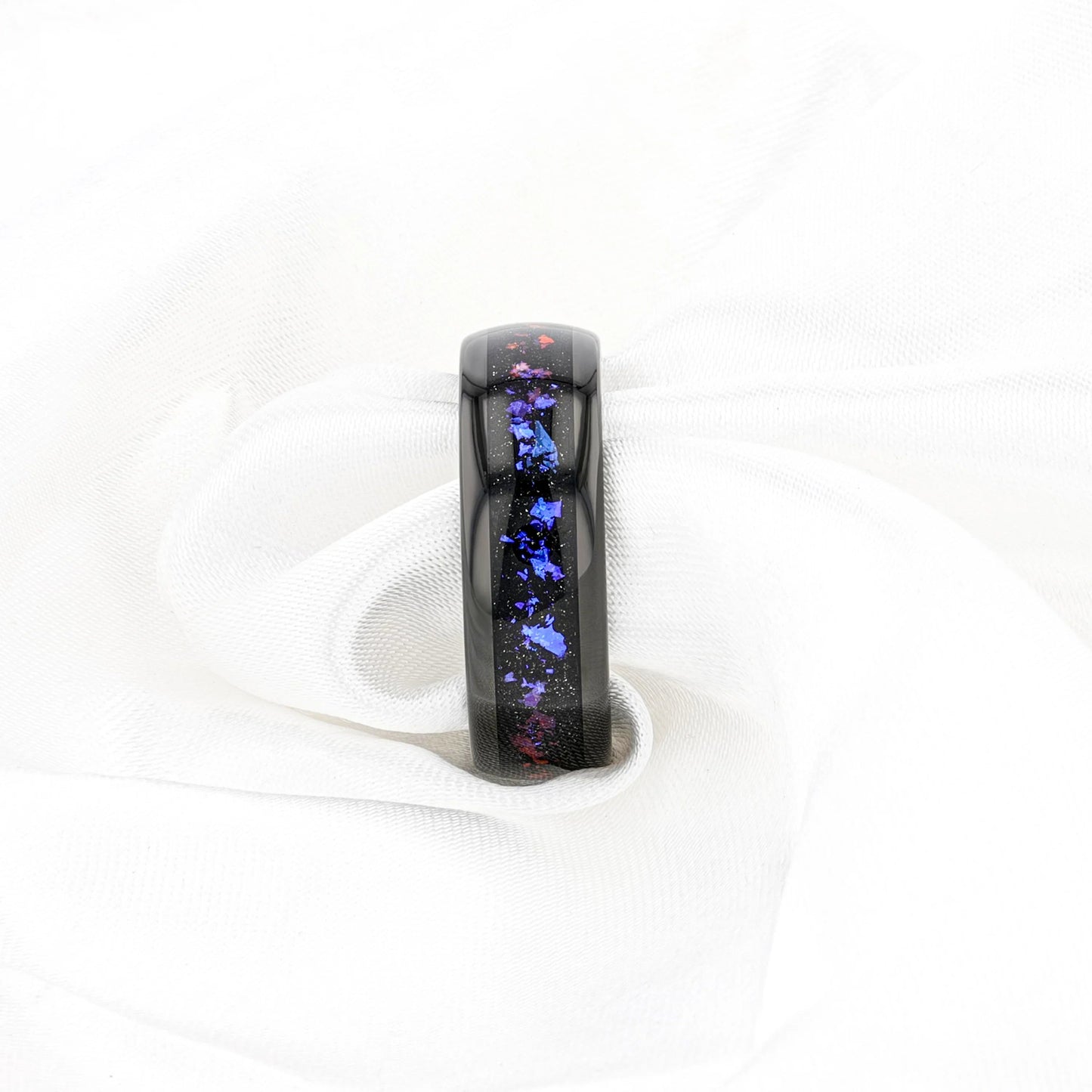 COSMIC Black Tungsten Ring with Crushed Alexandrite and Dark Blue & Purple Crushed Goldstone – 4mm to 8mm