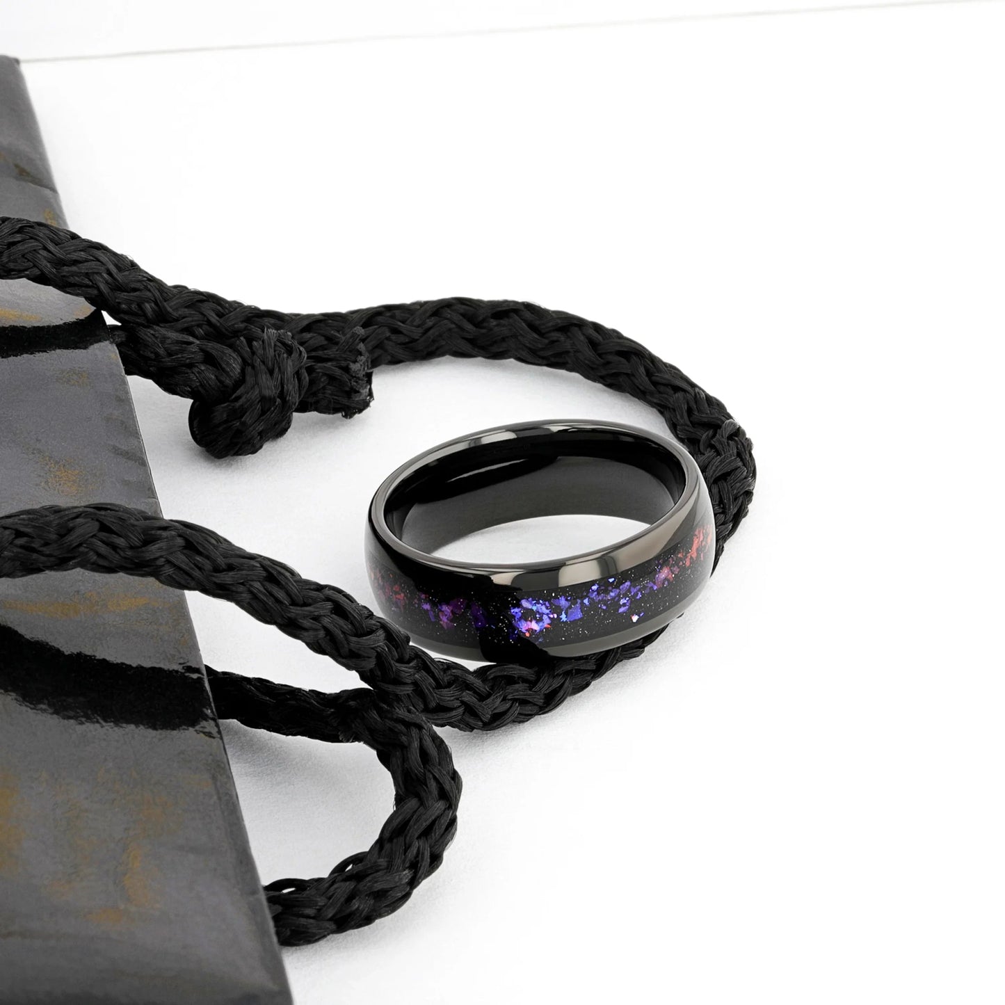 COSMIC Black Tungsten Ring with Crushed Alexandrite and Dark Blue & Purple Crushed Goldstone – 4mm to 8mm