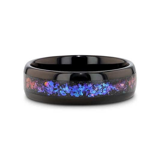 COSMIC Black Tungsten Ring with Crushed Alexandrite and Dark Blue & Purple Crushed Goldstone – 4mm to 8mm