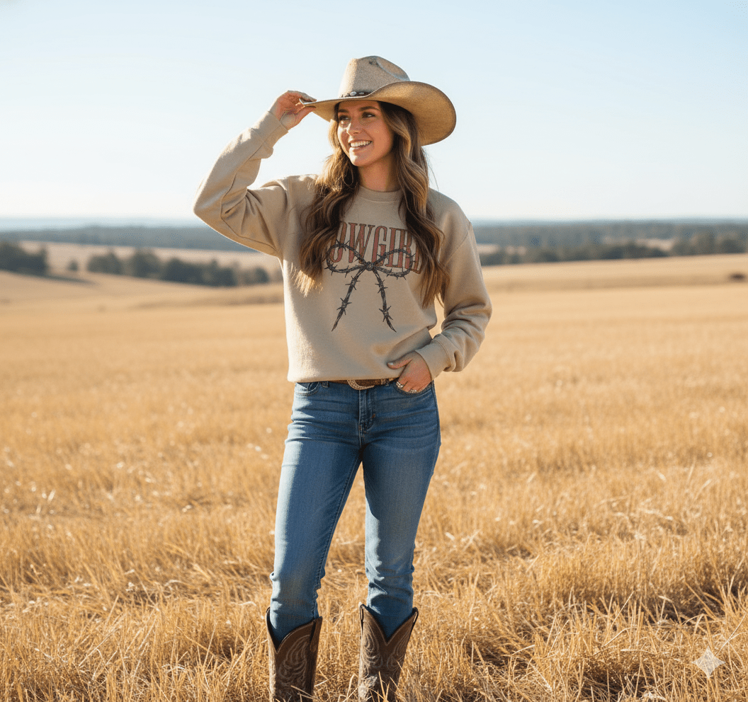 Cowgirl Barbed Wire Bow Graphic Sweatshirt