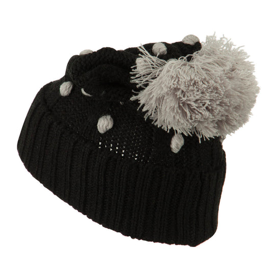 Cable Polka Dot Pom Cuff Beanie