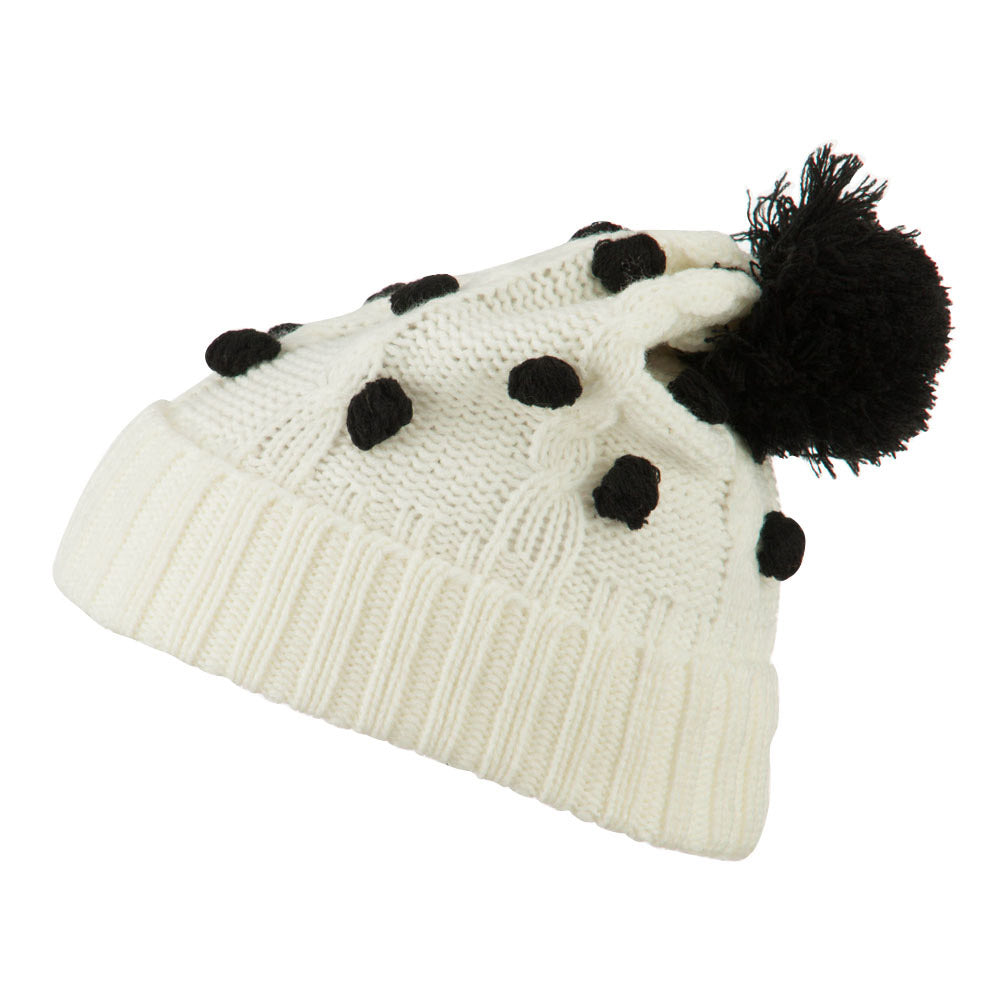 Cable Polka Dot Pom Cuff Beanie