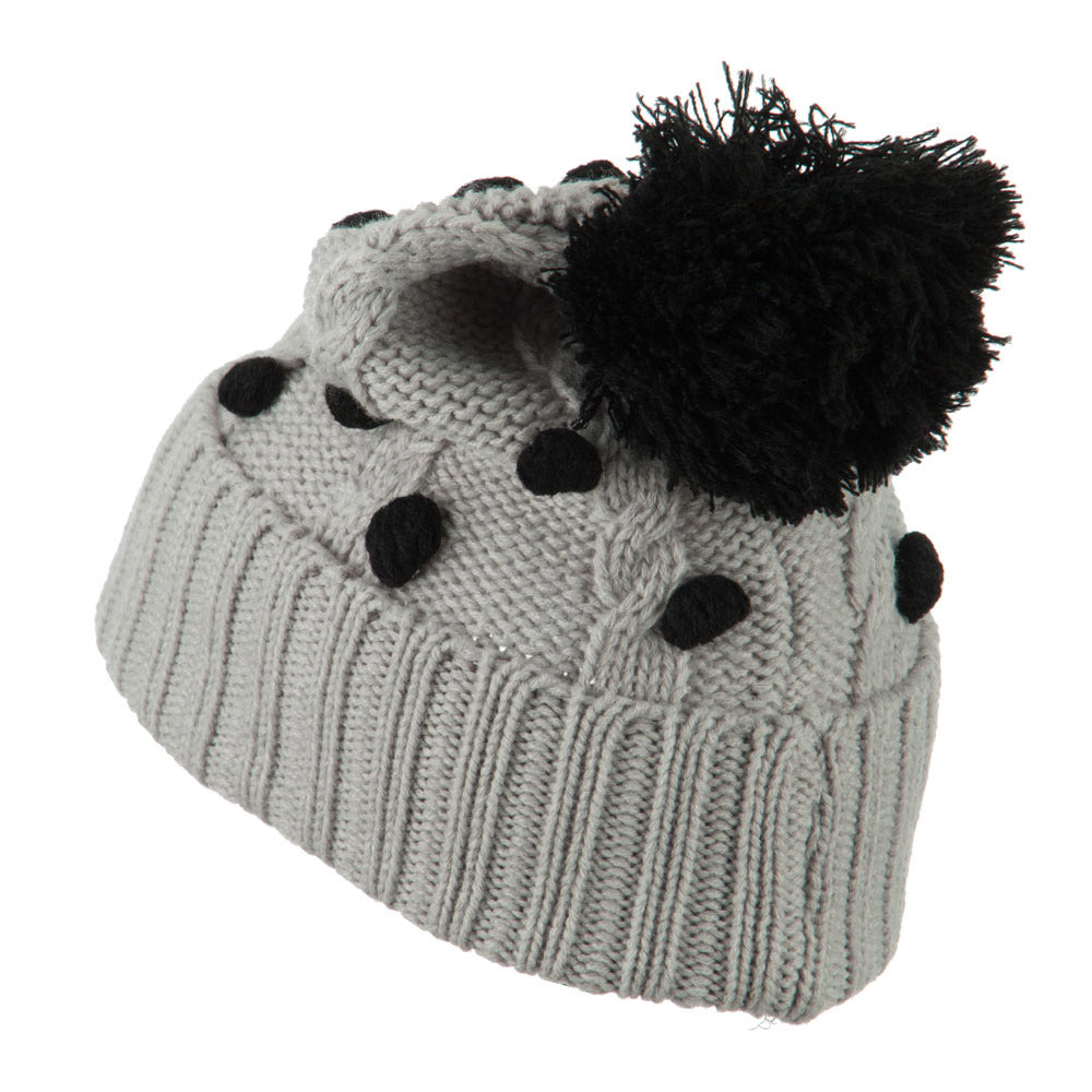 Cable Polka Dot Pom Cuff Beanie