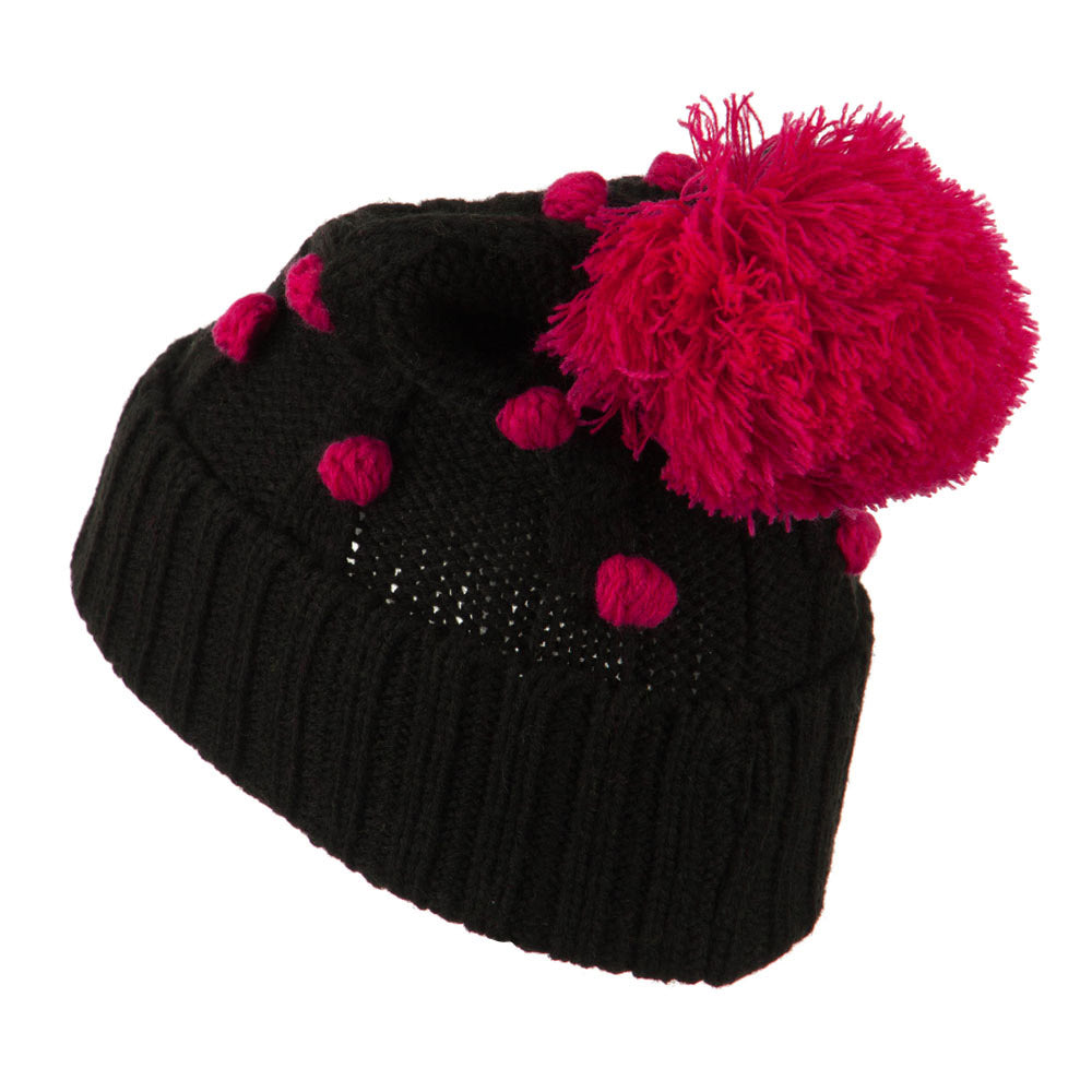 Cable Polka Dot Pom Cuff Beanie