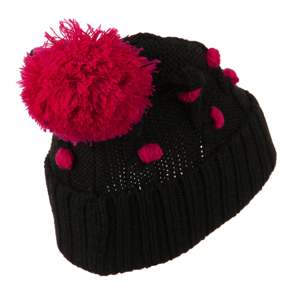 Cable Polka Dot Pom Cuff Beanie
