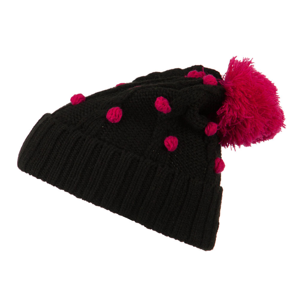 Cable Polka Dot Pom Cuff Beanie