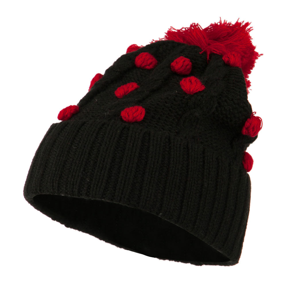 Cable Polka Dot Pom Cuff Beanie