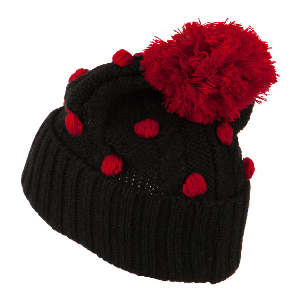 Cable Polka Dot Pom Cuff Beanie