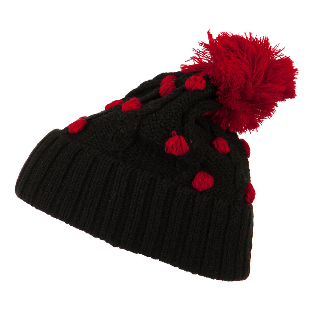 Cable Polka Dot Pom Cuff Beanie