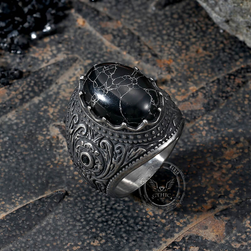 Cracked Black Turquoise Patterned Stainless Steel Ring