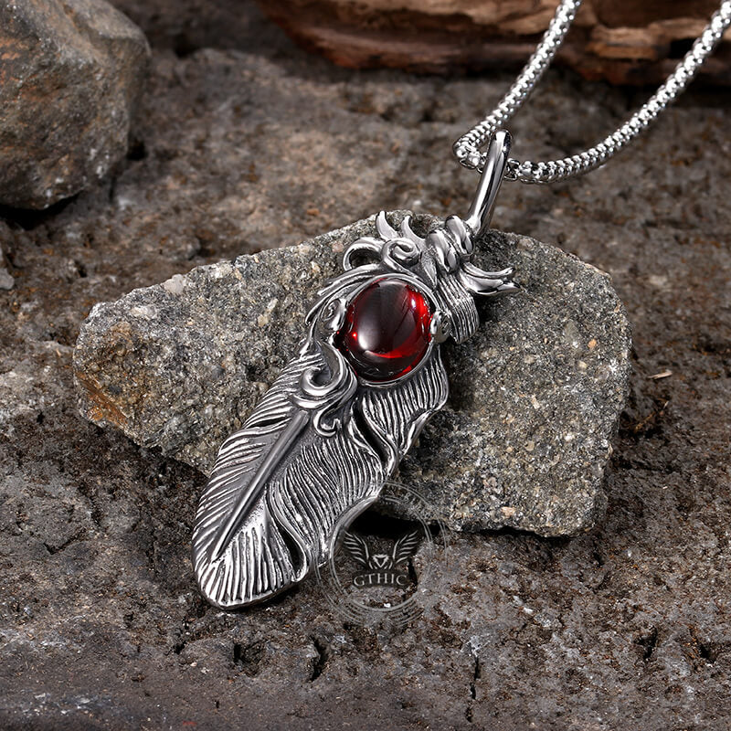 Creative Ruby Feather Stainless Steel Pendant Necklace