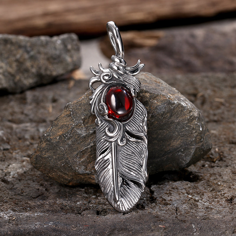 Creative Ruby Feather Stainless Steel Pendant Necklace