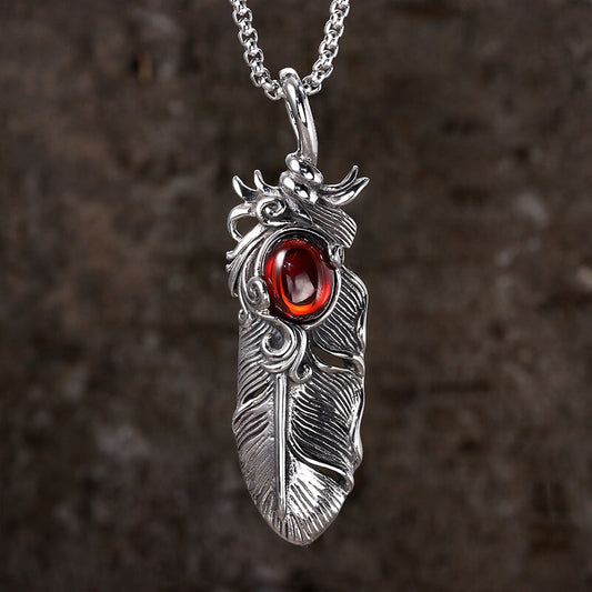 Creative Ruby Feather Stainless Steel Pendant Necklace