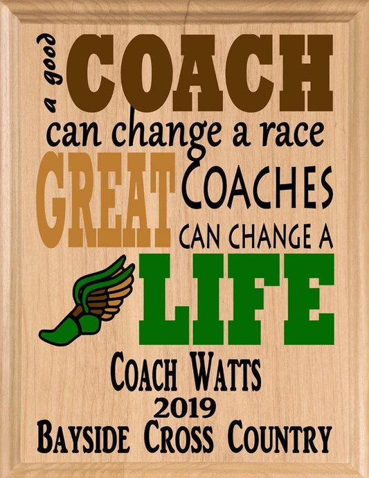 Custom Cross Country Coach Gift – Personalized Wood Plaque with Name & Year – “Great Coaches Change Lives” – Made in USA – 11x8.5