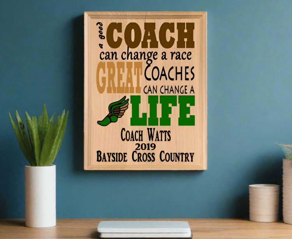 Custom Cross Country Coach Gift – Personalized Wood Plaque with Name & Year – “Great Coaches Change Lives” – Made in USA – 11x8.5