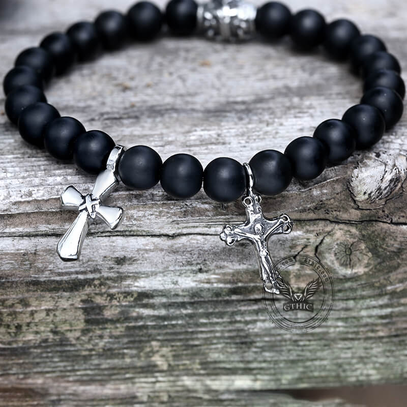 Cross Religious Agate Stone Bead Bracelet