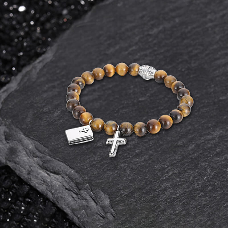 Cross Religious Agate Stone Bead Bracelet