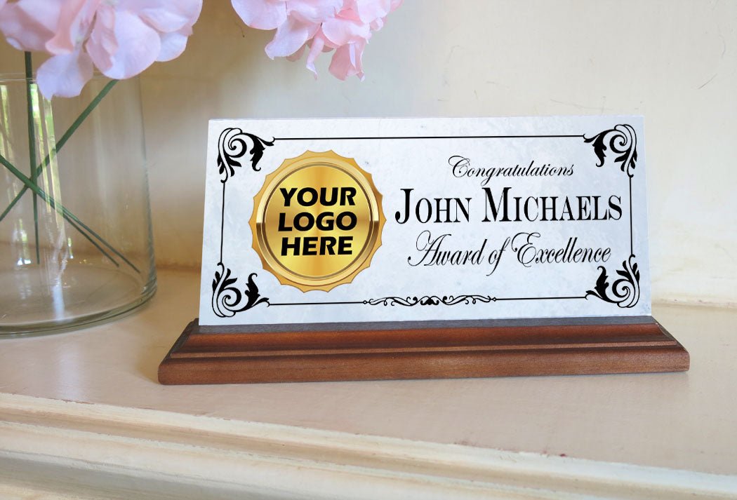 Custom Logo Award Plaque – Personalized Marble Desk Sign for Employee Recognition