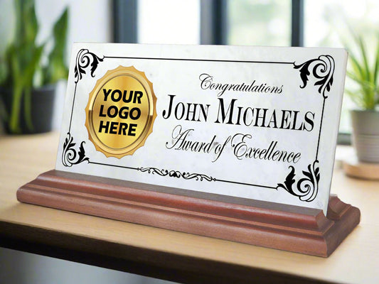 Custom Logo Award Plaque – Personalized Marble Desk Sign for Employee Recognition