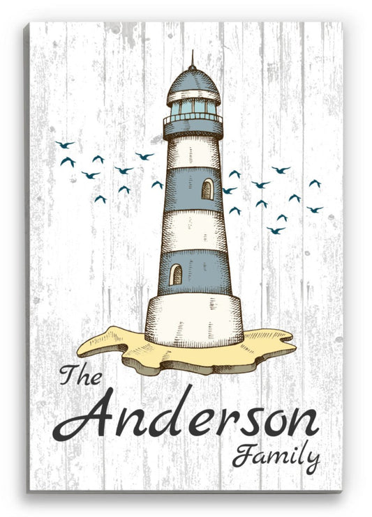 Custom Beach Home Sign - Lighthouse Design with Family Name - Solid Wood