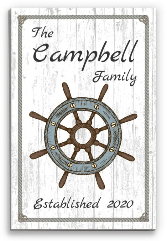 Custom Beach House Sign - Family Name & Established Date - Personalized Nautical Ship Wheel