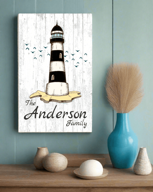 Custom Lighthouse Family Name Sign – Personalized Beach House or Coastal Wall Art | Nautical Décor
