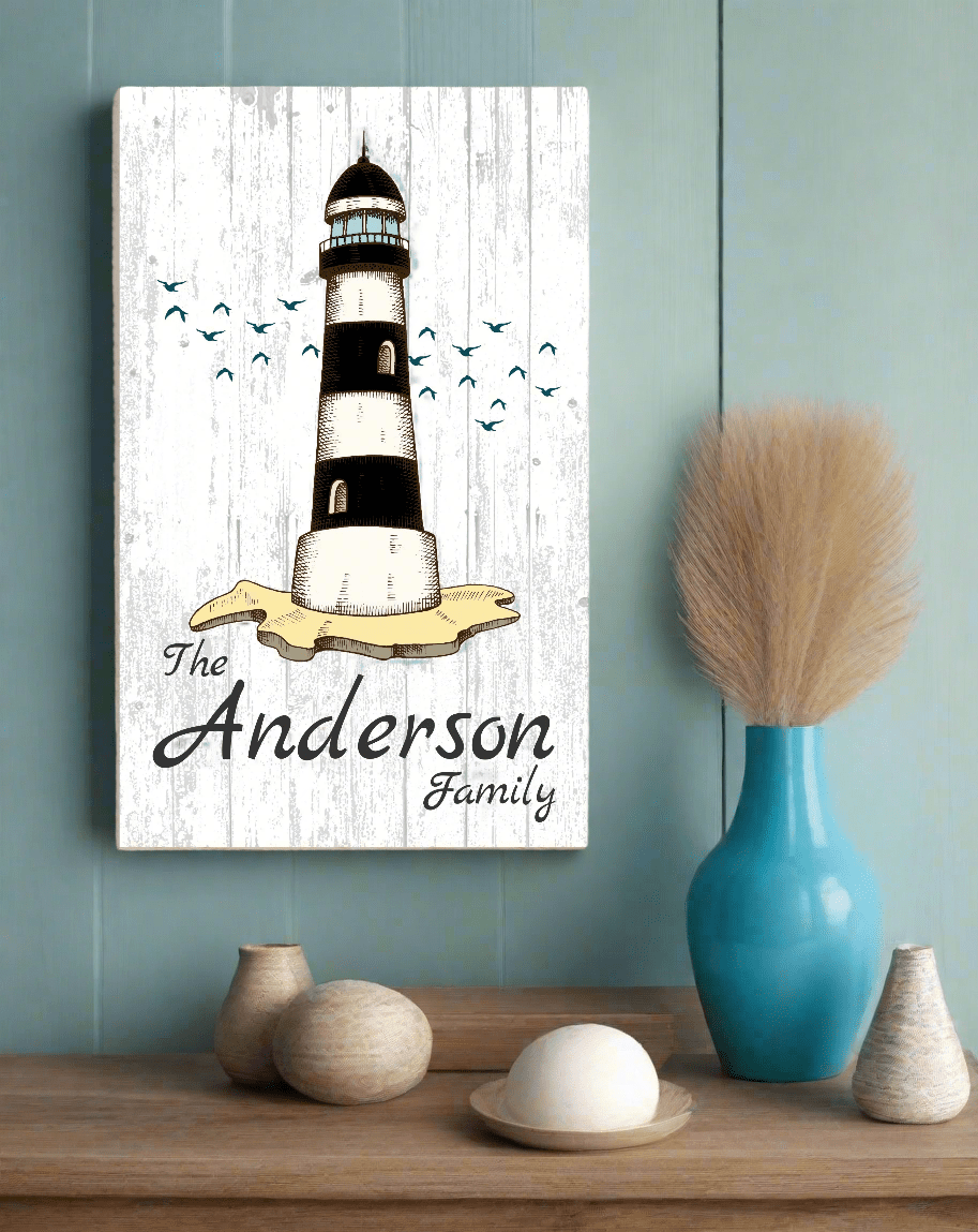 Custom Lighthouse Family Name Sign – Personalized Beach House or Coastal Wall Art | Nautical Décor