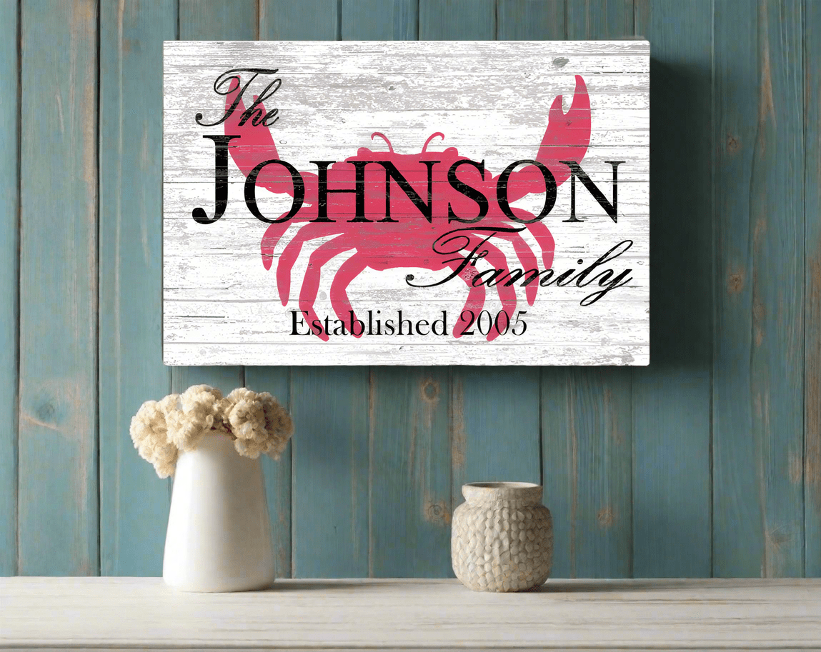 Custom Beach House Sign – Crab Design with Family Name & Established Year | Personalized Coastal Wall Art