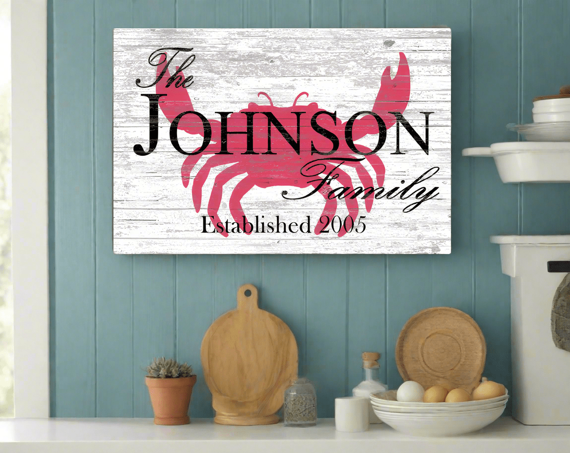 Custom Beach House Sign – Crab Design with Family Name & Established Year | Personalized Coastal Wall Art