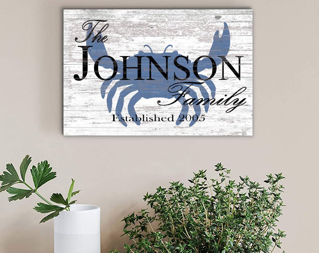 Custom Beach House Sign – Crab Design with Family Name & Established Year | Personalized Coastal Wall Art