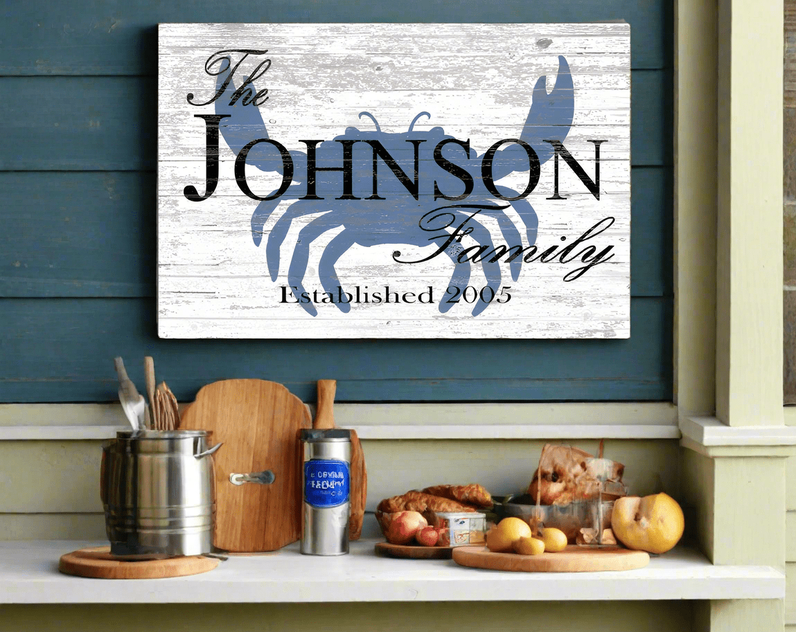 Custom Beach House Sign – Crab Design with Family Name & Established Year | Personalized Coastal Wall Art