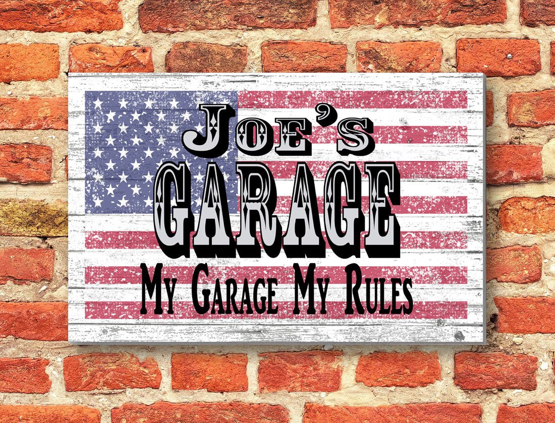 Custom Garage Sign – Personalized American Flag Wall Art with Name & Saying | Gift for Dad, Husband, Grandpa or Mechanic