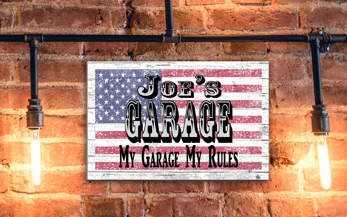 Custom Garage Sign – Personalized American Flag Wall Art with Name & Saying | Gift for Dad, Husband, Grandpa or Mechanic