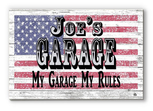 Custom Garage Sign – Personalized American Flag Wall Art with Name & Saying | Gift for Dad, Husband, Grandpa or Mechanic