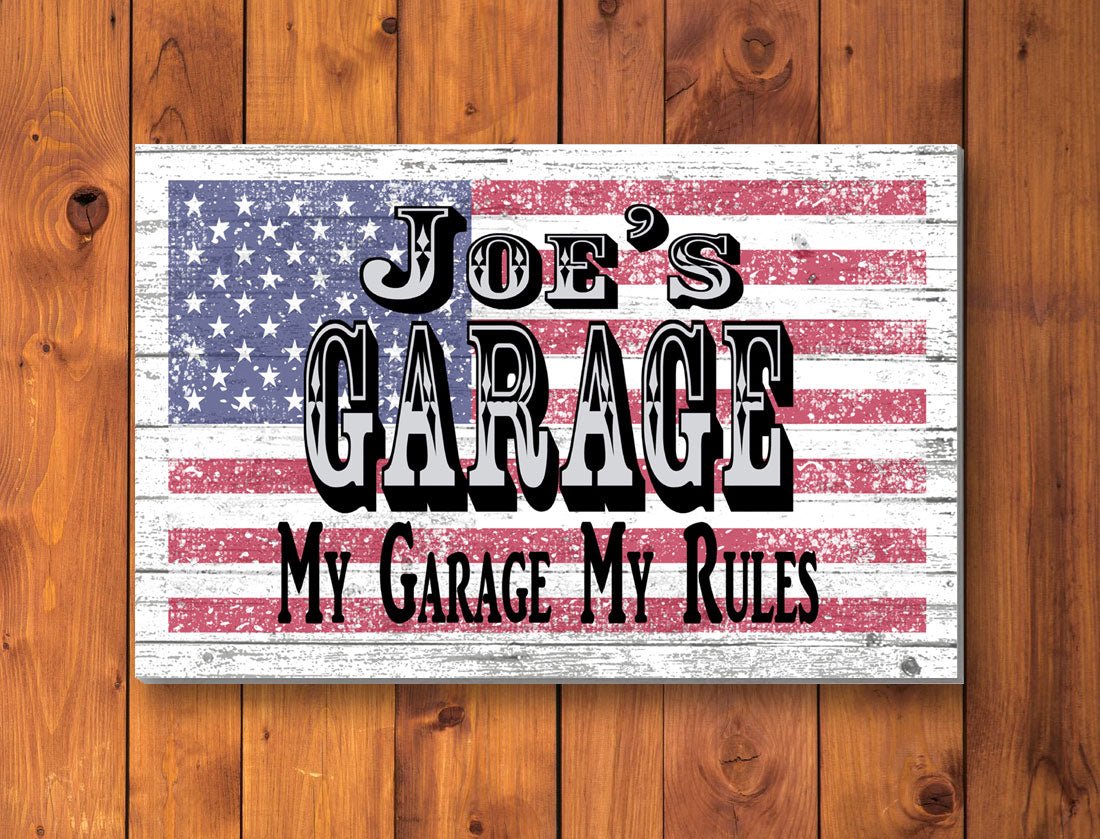 Custom Garage Sign – Personalized American Flag Wall Art with Name & Saying | Gift for Dad, Husband, Grandpa or Mechanic