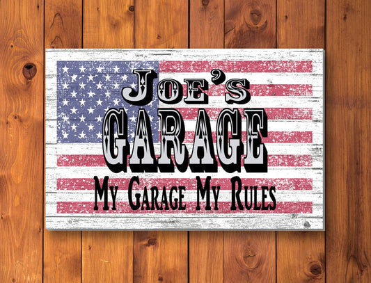 Custom Garage Sign – Personalized American Flag Wall Art with Name & Saying | Gift for Dad, Husband, Grandpa or Mechanic