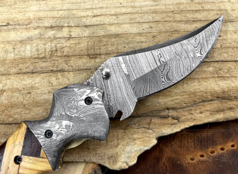 Custom Hand Forged Damascus Folding Knife Damascus Bolster With Olive & Dark Wood Handle WH 3527