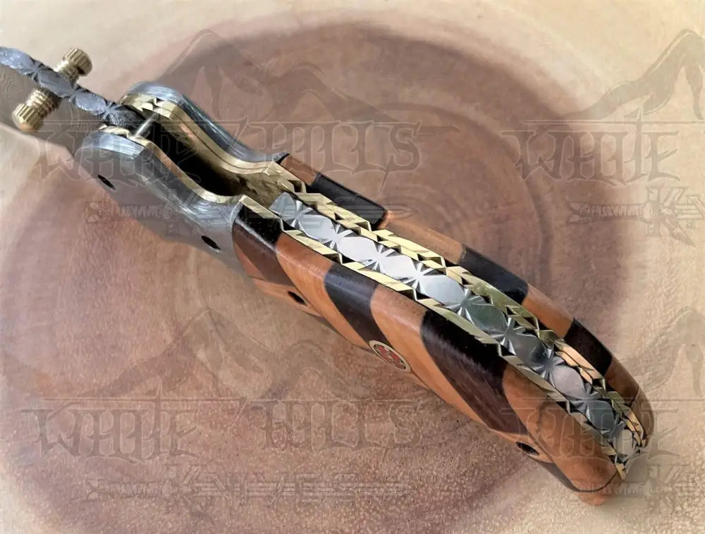 Custom Hand Forged Damascus Folding Knife Damascus Bolster With Olive & Dark Wood Handle WH 3527