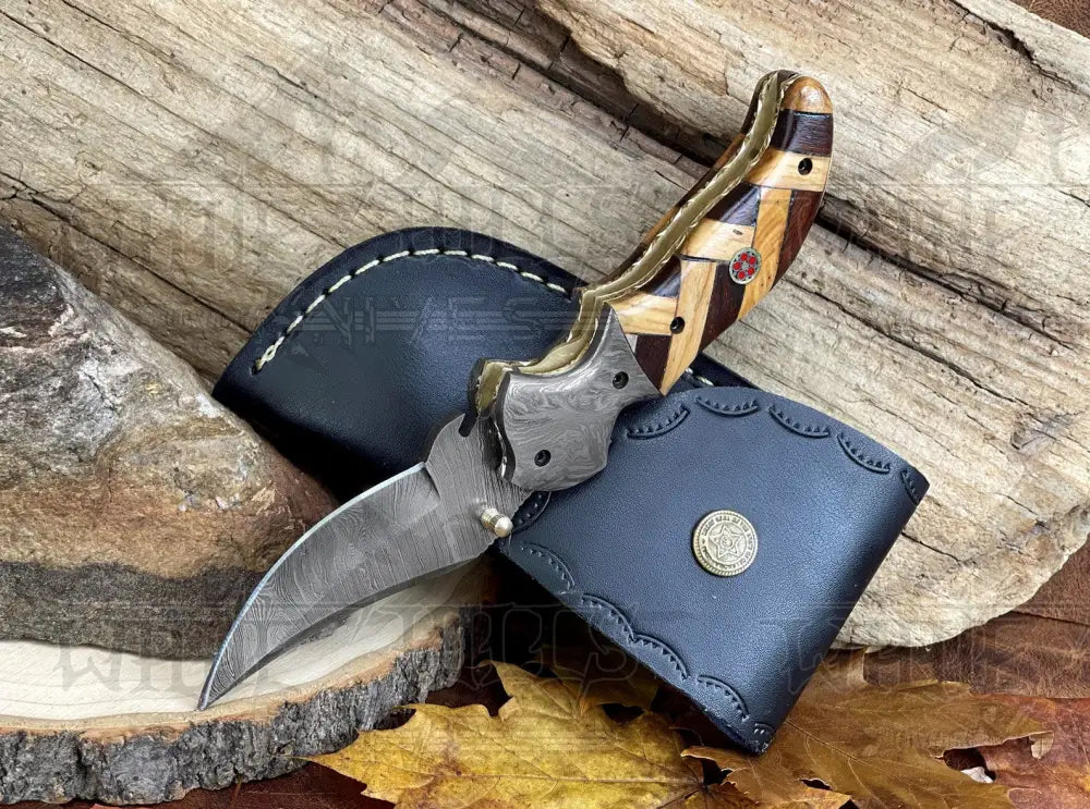 Custom Hand Forged Damascus Folding Knife Damascus Bolster With Olive & Dark Wood Handle WH 3527