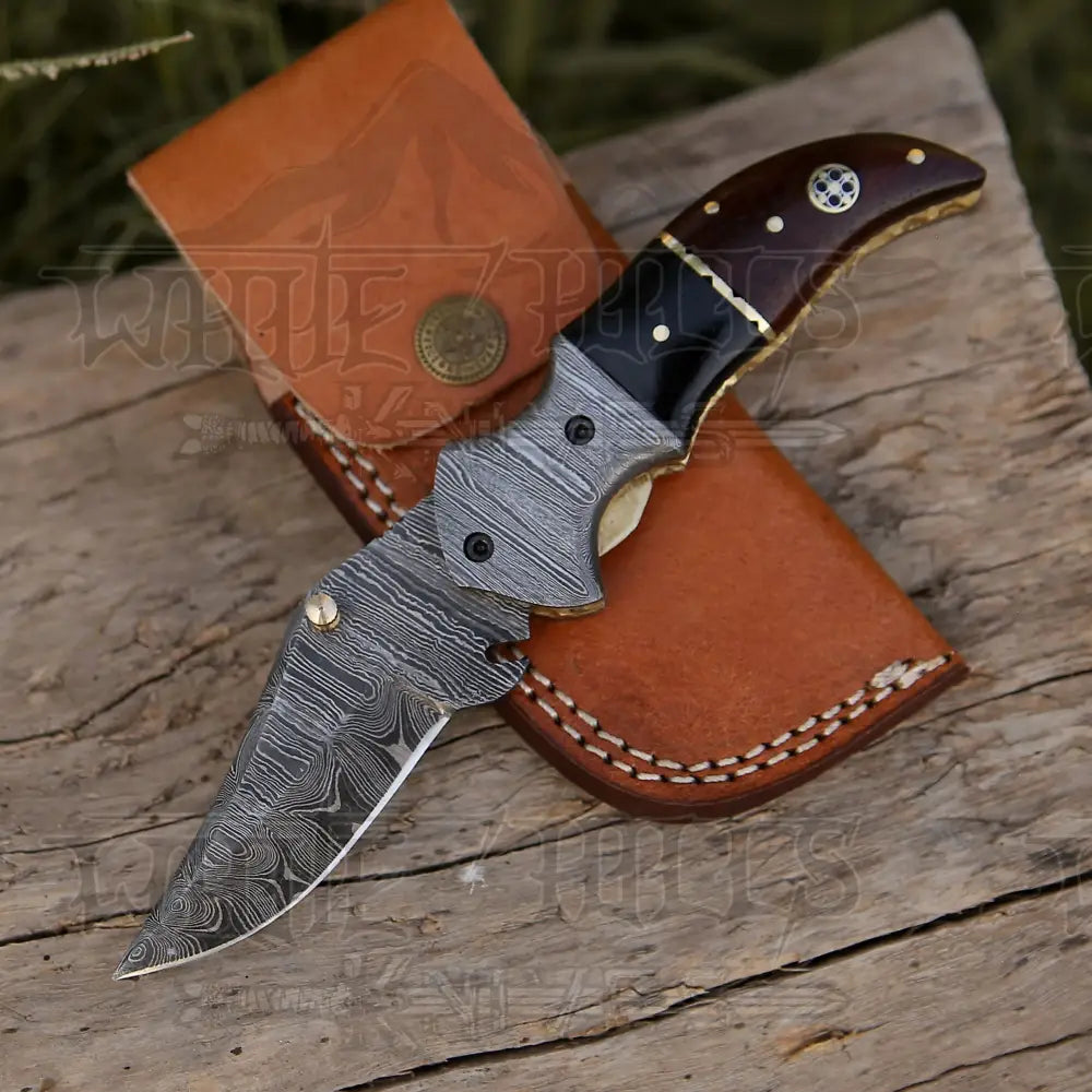 Custom Hand Forged Damascus Folding Knife Damascus Bolster With Olive & Dark Wood Handle WH 3527