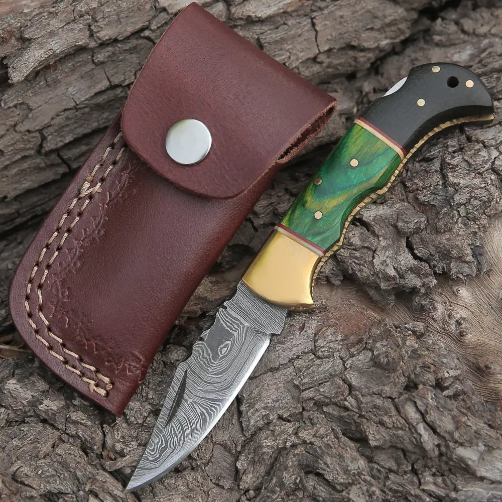 Custom Hand Forged Damascus Folding Knife Brass Bolster With Horn & Stain Wood Handle WH 5002