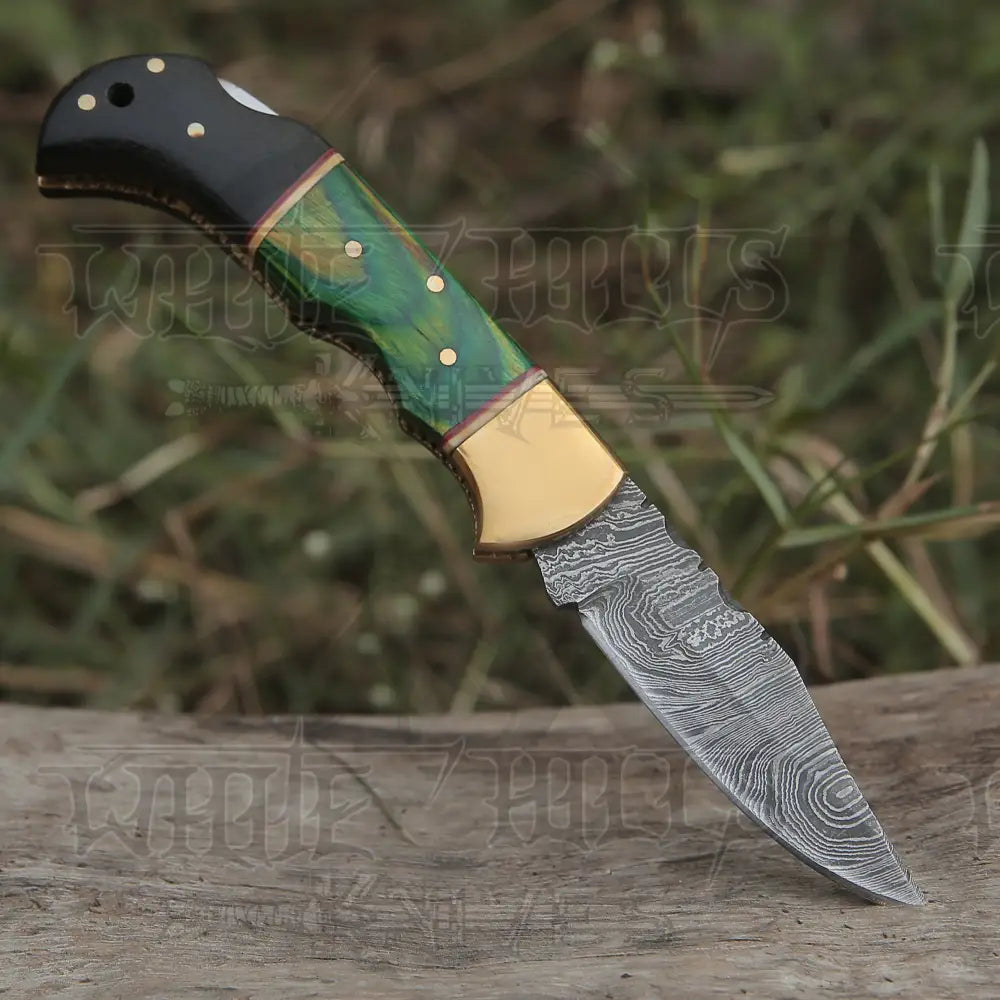 Custom Hand Forged Damascus Folding Knife Brass Bolster With Horn & Stain Wood Handle WH 5002