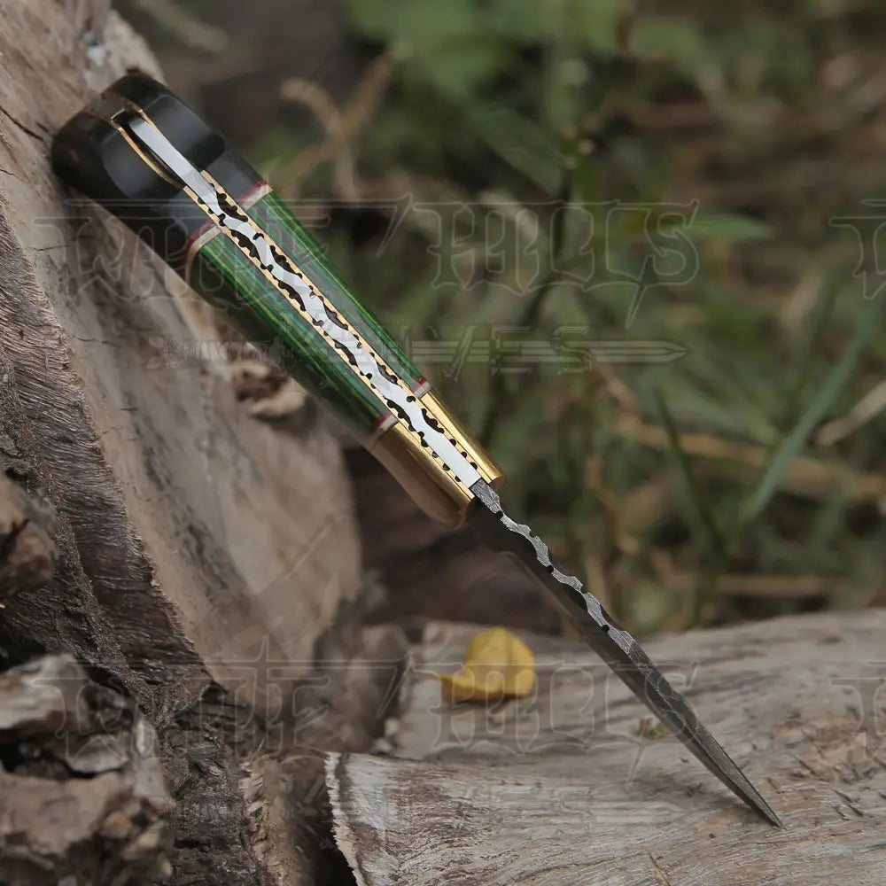 Custom Hand Forged Damascus Folding Knife Brass Bolster With Horn & Stain Wood Handle WH 5002